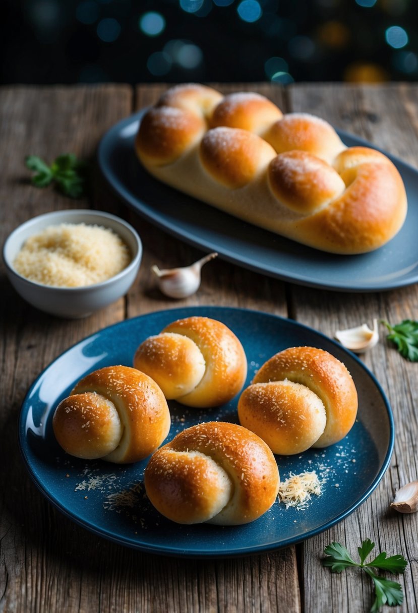 A platter of garlic knots and parmesan garlic loaf bread on a rustic wooden table