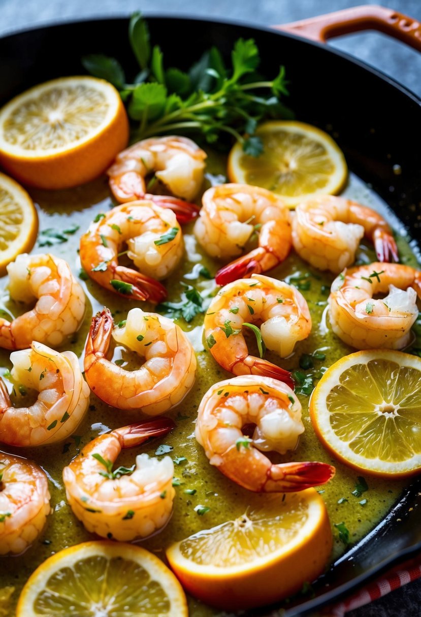 A sizzling skillet of plump shrimp coated in a glossy, golden lemon butter sauce, surrounded by vibrant slices of citrus and sprigs of fresh herbs