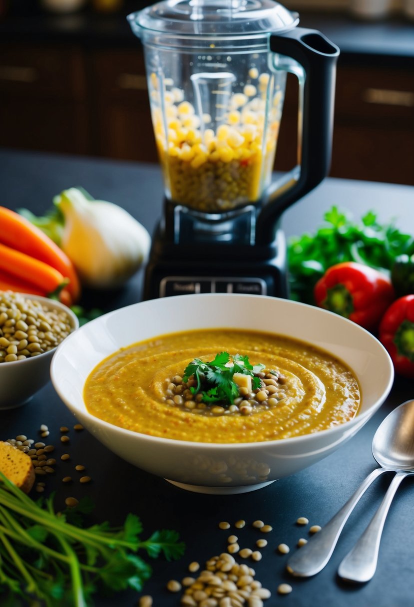 A bowl of blended lentil soup sits on a table, surrounded by ingredients like lentils, vegetables, and a blender