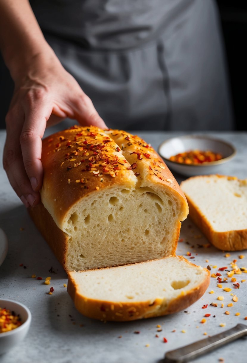 A loaf of garlic bread being pulled apart, with spicy red pepper flakes sprinkled on top