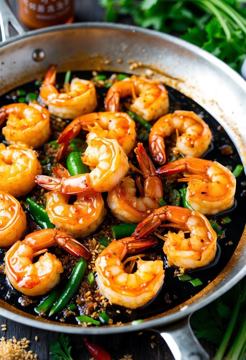 A sizzling skillet of coconut sriracha shrimp, glistening with sticky glaze, surrounded by vibrant herbs and spices