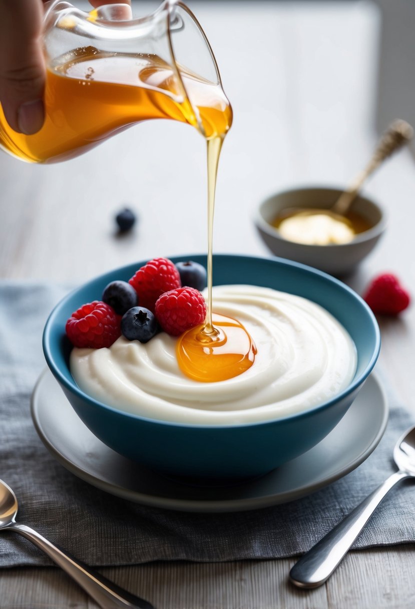 A bowl of smooth Greek yogurt sits on a table, surrounded by fresh berries and a drizzle of honey, ready to be enjoyed as part of a pre-bariatric sleeve liquid diet