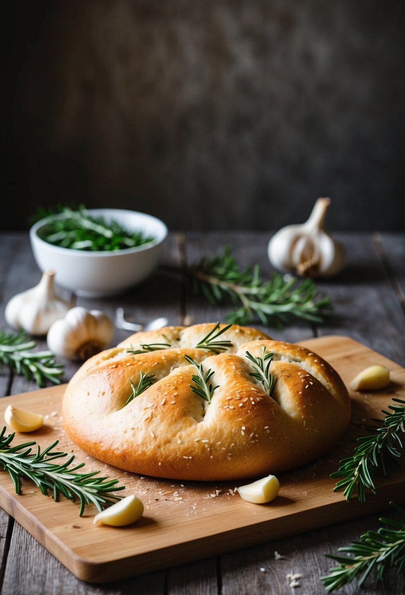 A rustic kitchen scene with a freshly baked rosemary garlic focaccia loaf cooling on a wooden cutting board, surrounded by sprigs of rosemary and cloves of garlic