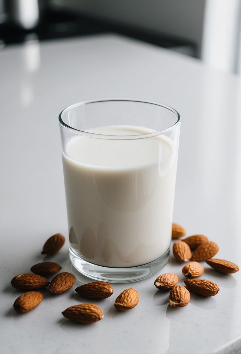 A glass of unsweetened almond milk sits on a clean, white countertop, surrounded by a few scattered almonds