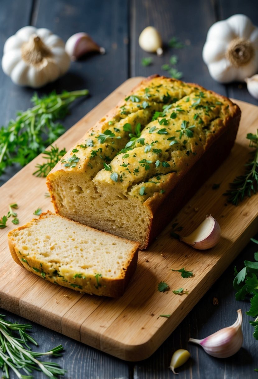 A fresh loaf of vegan garlic bread sits on a wooden cutting board, surrounded by cloves of garlic and sprigs of fresh herbs