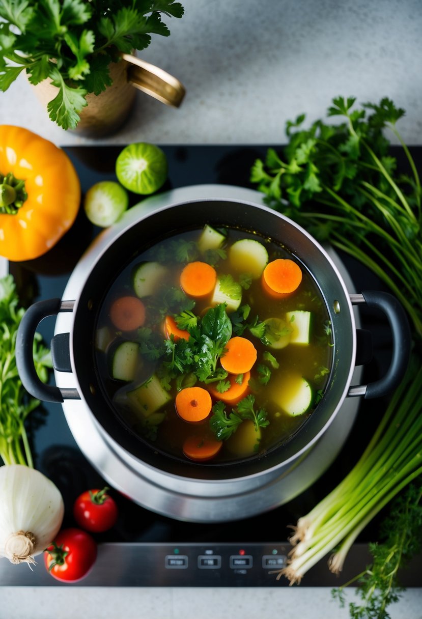 A pot of simmering vegetable broth on a stove, surrounded by fresh vegetables and herbs