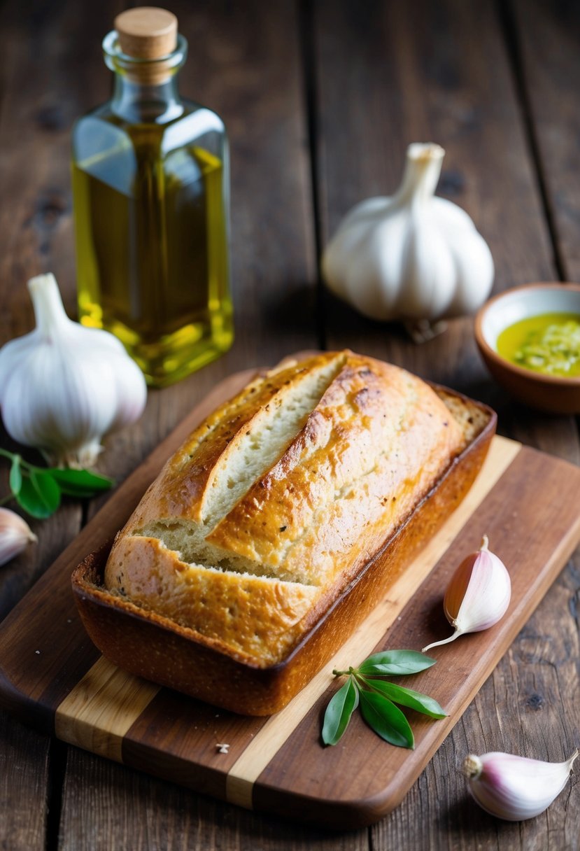 A rustic loaf of garlic bread sits on a wooden cutting board, surrounded by a bottle of olive oil and fresh garlic cloves