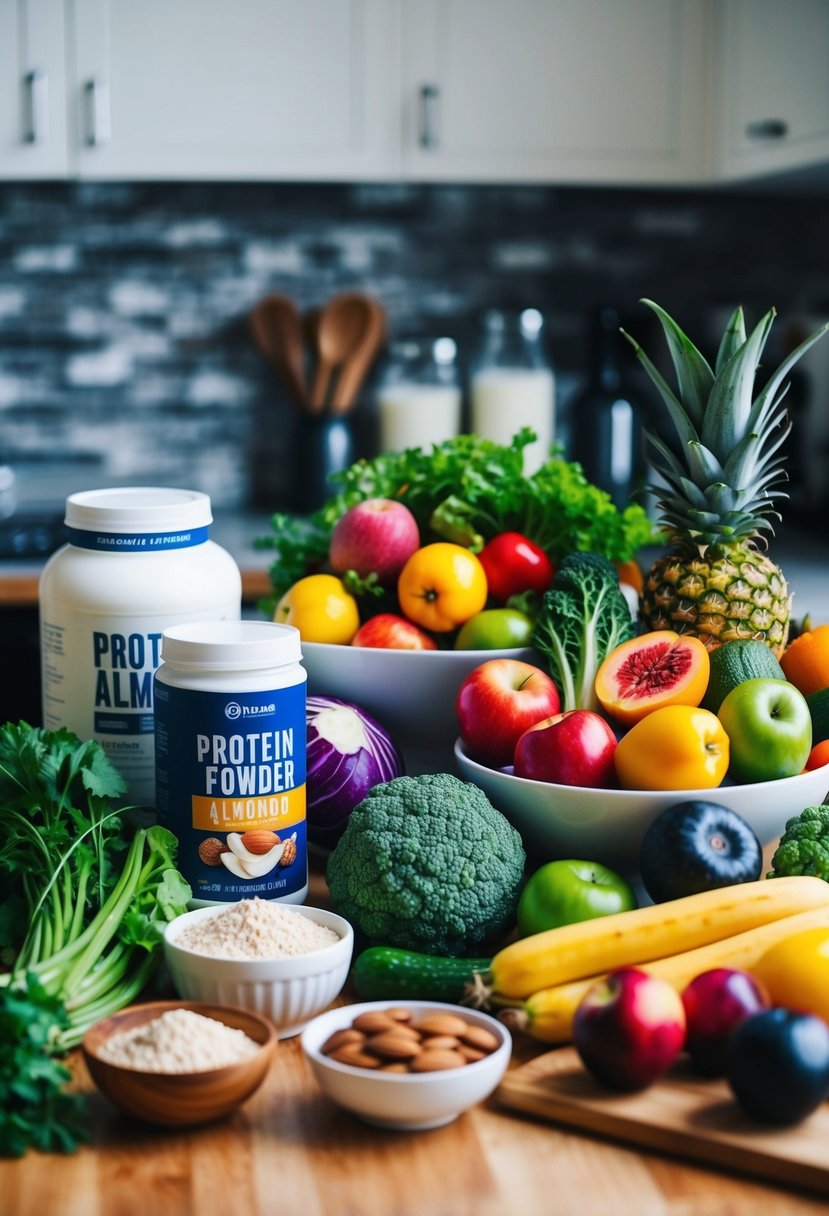 A colorful array of fresh vegetables and fruits, alongside protein powder and almond milk, all arranged on a kitchen counter