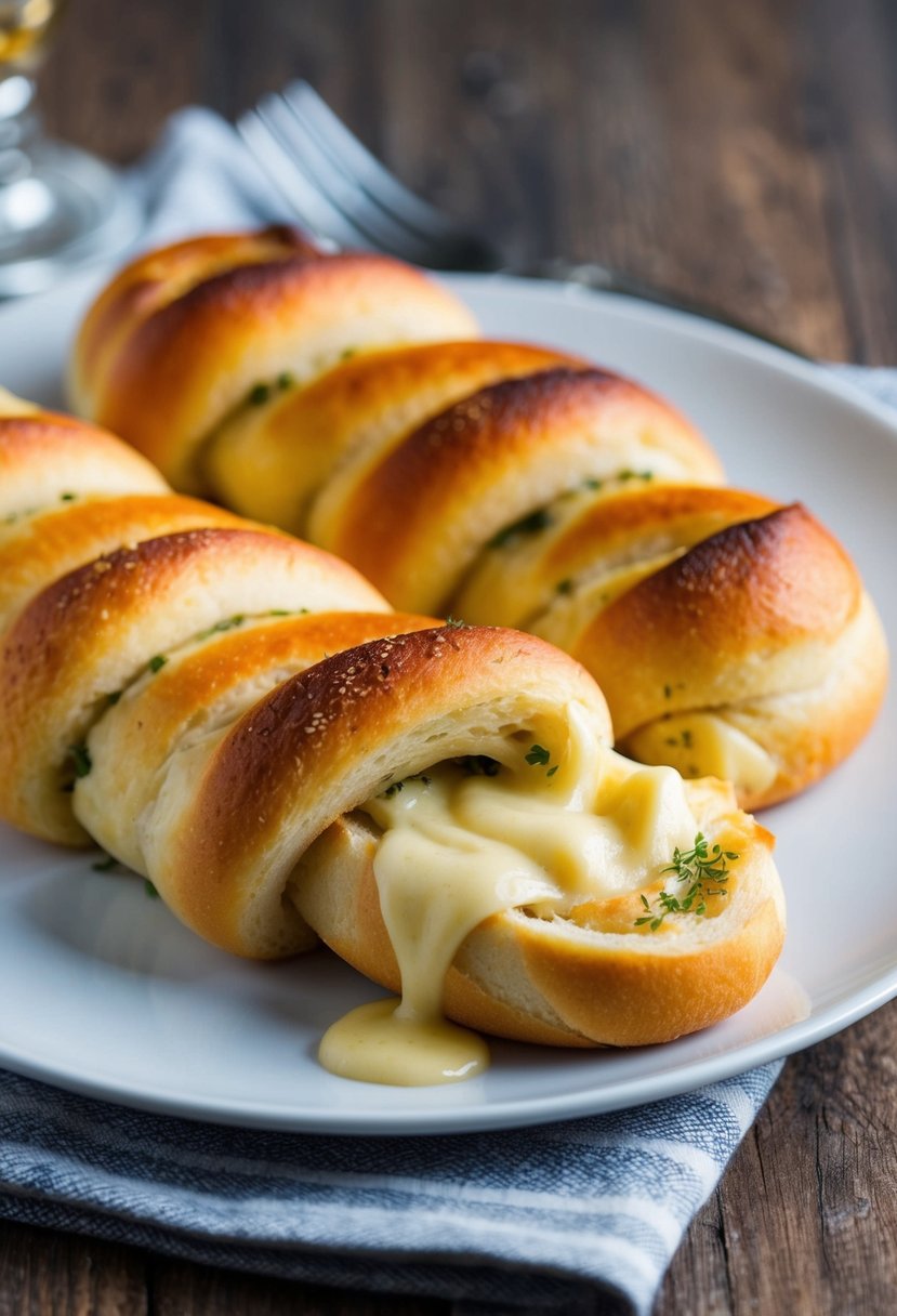 A golden-brown garlic loaf twists with melted mozzarella oozing out