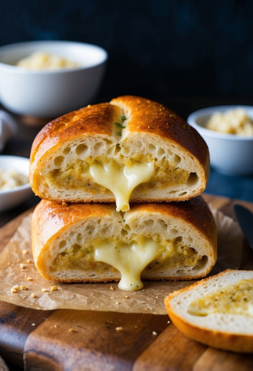 A golden-brown garlic loaf split open to reveal oozing melted cheese and savory garlic filling