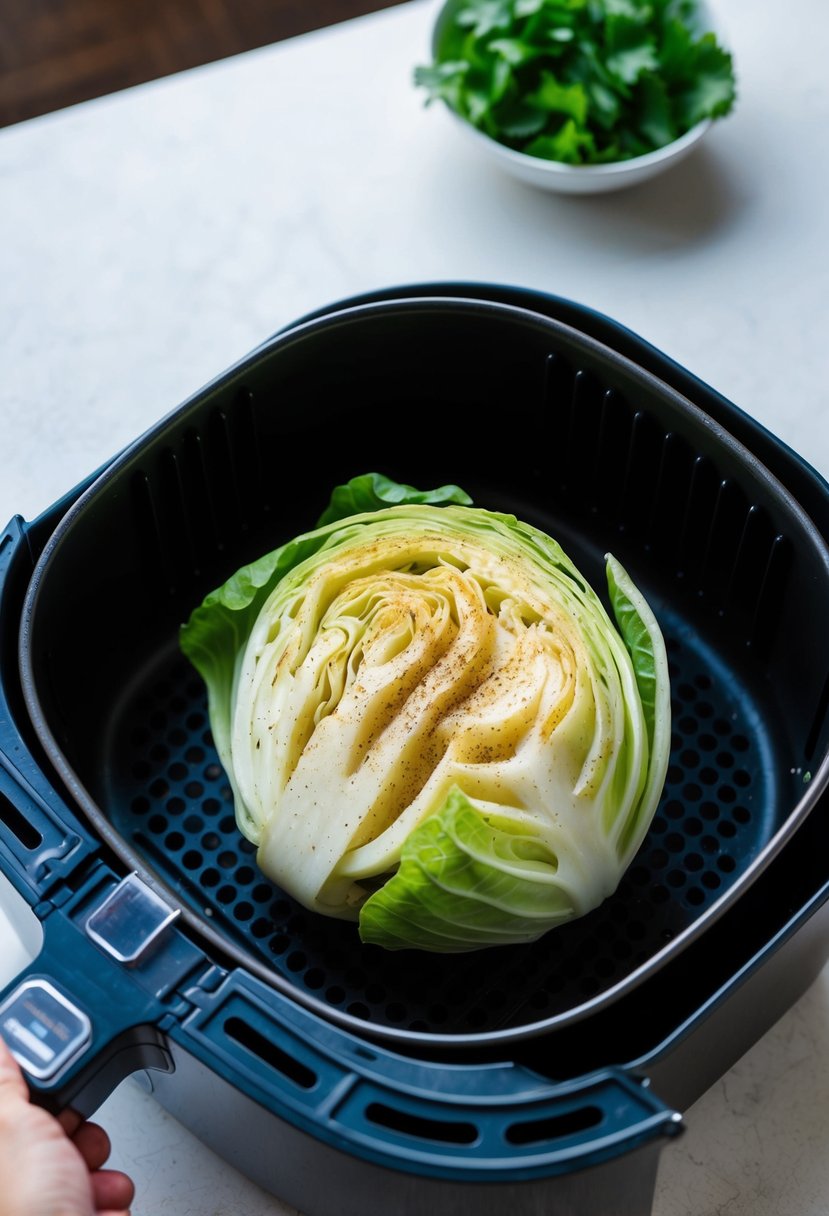 A head of cabbage being sliced and seasoned, then placed into an air fryer