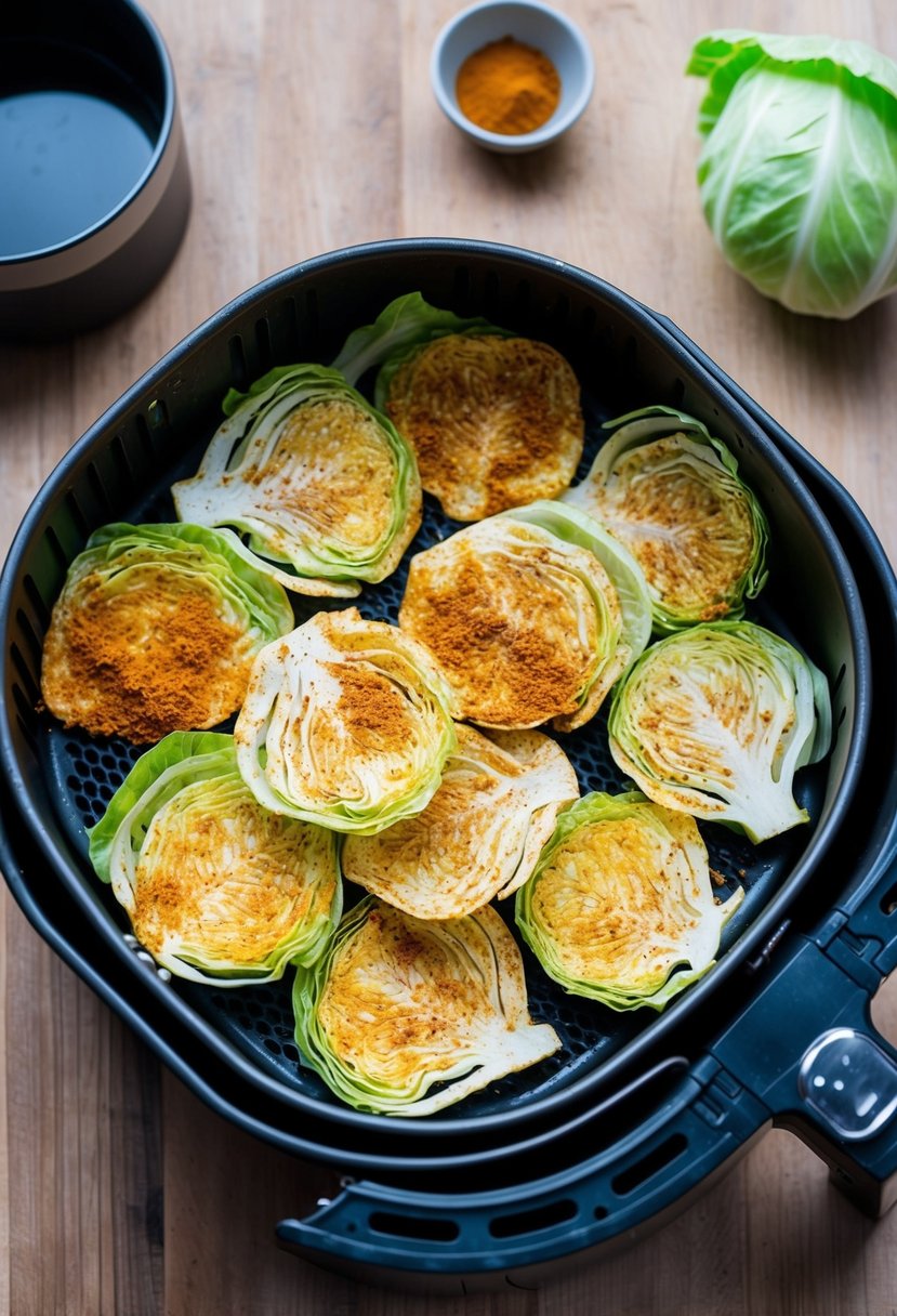 Slices of cabbage seasoned with keto-friendly spices arranged in an air fryer basket ready to be cooked into crispy cabbage chips