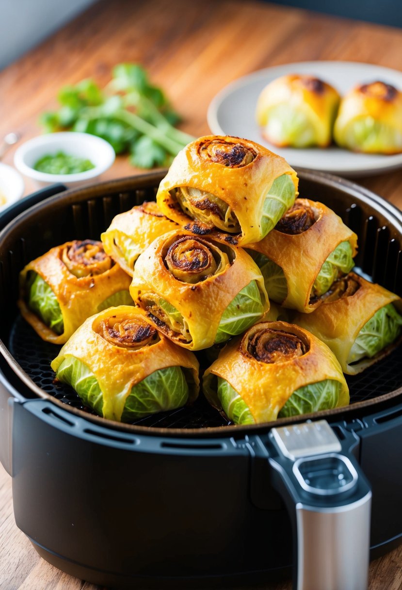 A platter of golden-brown keto cabbage rolls sizzling in an air fryer