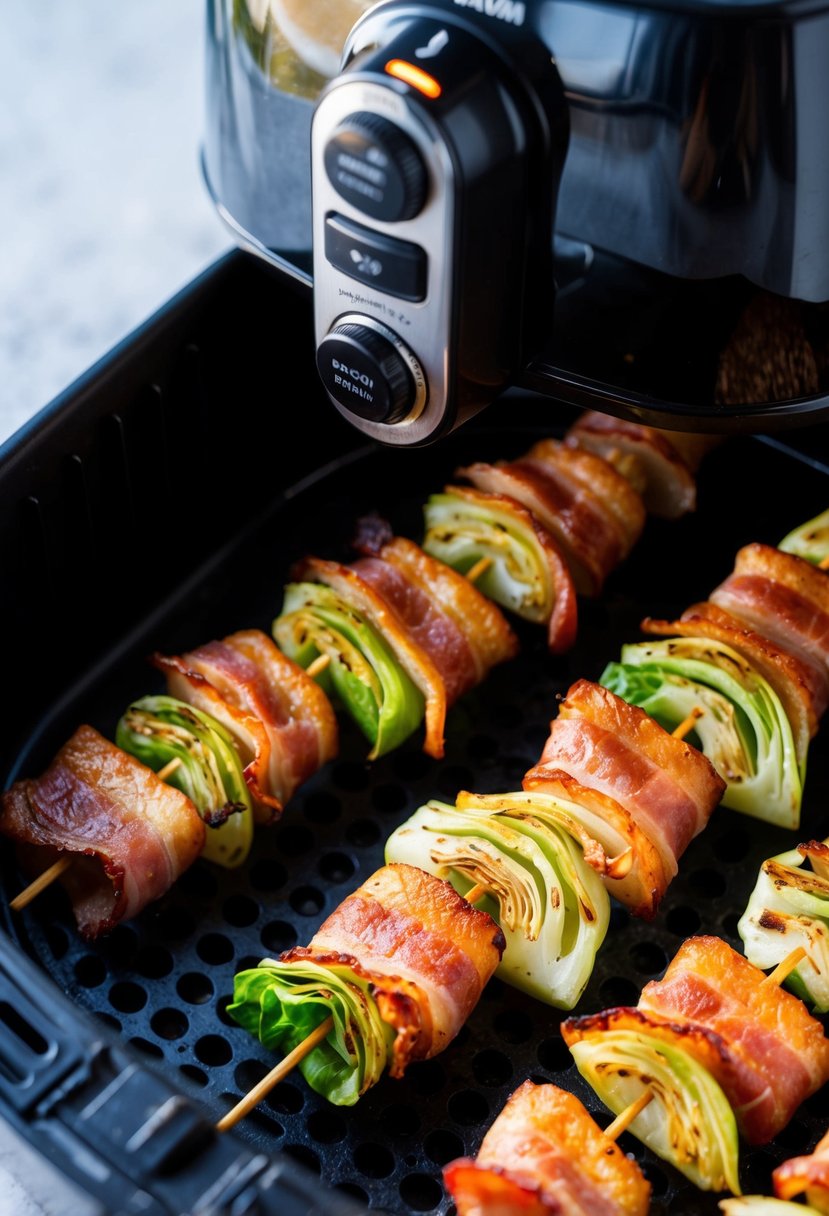 Bacon-wrapped cabbage skewers sizzling in an air fryer