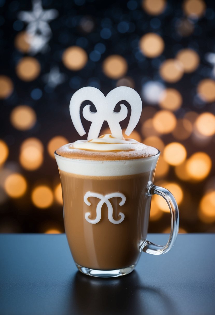 A caramel macchiato sits on a starry background, with the Aries zodiac sign symbol subtly incorporated into the foam art