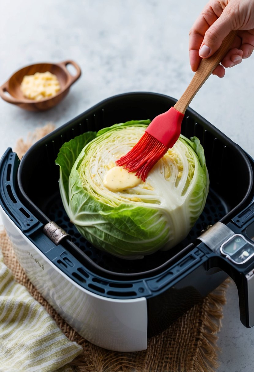 A head of cabbage being brushed with garlic butter before being placed into an air fryer