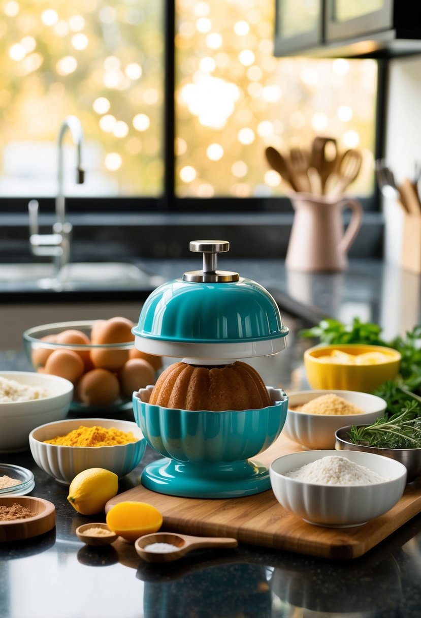 A mini bundt maker surrounded by various ingredients and utensils on a kitchen counter