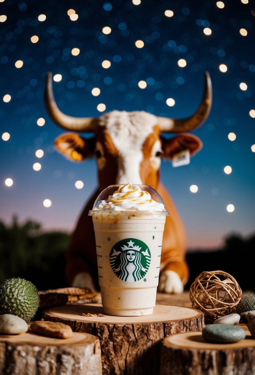 A Taurus enjoying a Vanilla Bean Frappuccino under a starry sky, surrounded by earthy tones and natural elements