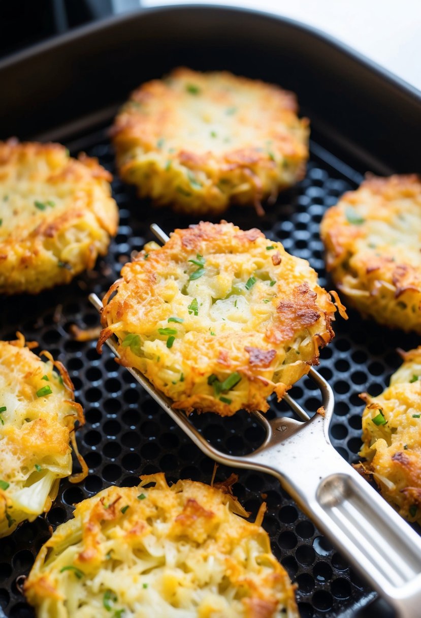 A batch of golden brown cabbage parmesan fritters sizzling in the air fryer