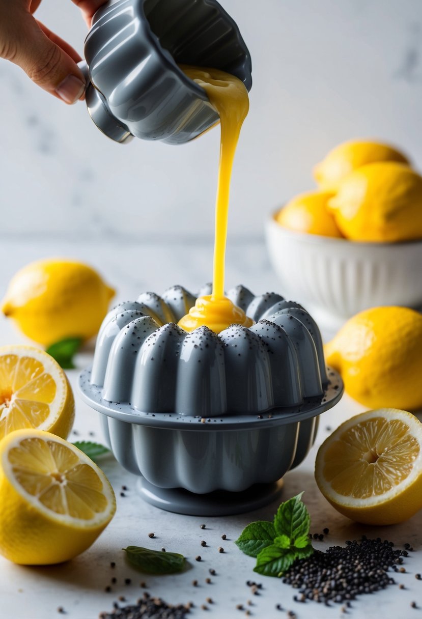 A mini bundt maker surrounded by fresh lemons and poppy seeds, with batter pouring into the molds