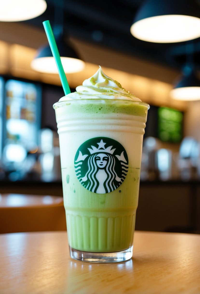 A tall glass of iced matcha latte with the Gemini zodiac symbol drawn in the foam, sitting on a wooden table in a Starbucks cafe