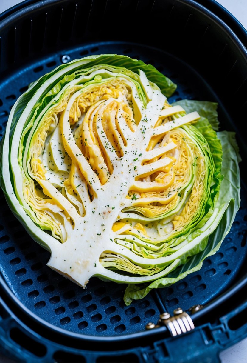 A head of cabbage cut into thick steaks, drizzled with cheese and seasoning, placed in an air fryer