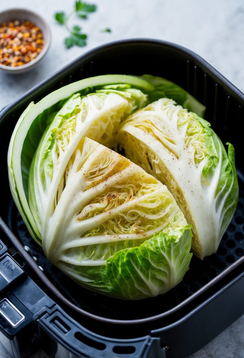 A head of cabbage being sliced and seasoned, then placed into an air fryer