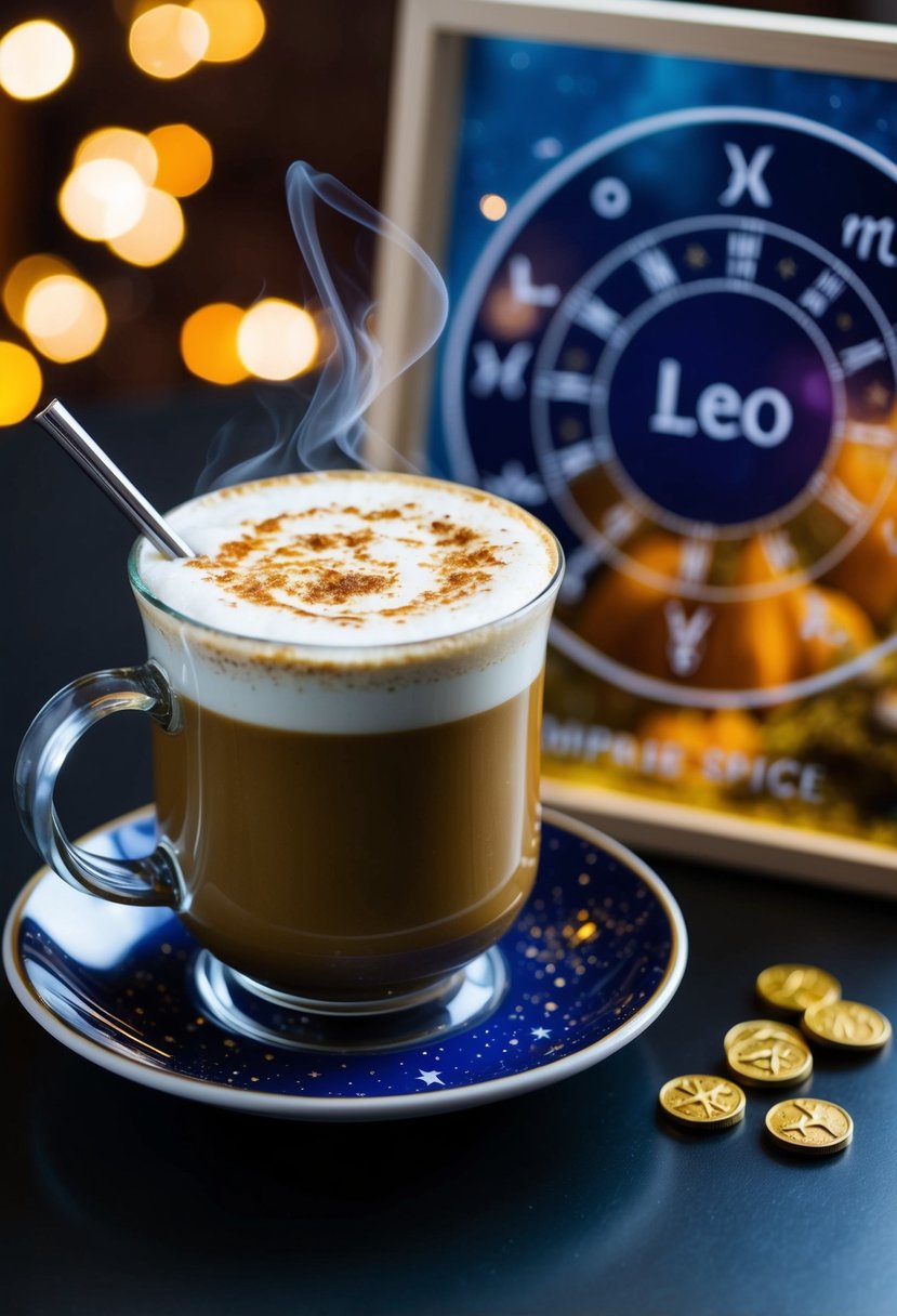 A steaming pumpkin spice latte sits beside a zodiac chart with Leo prominently displayed