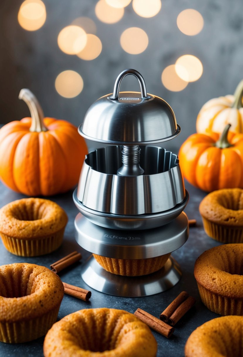 A mini bundt maker surrounded by pumpkin spice ingredients and finished mini bundt cakes