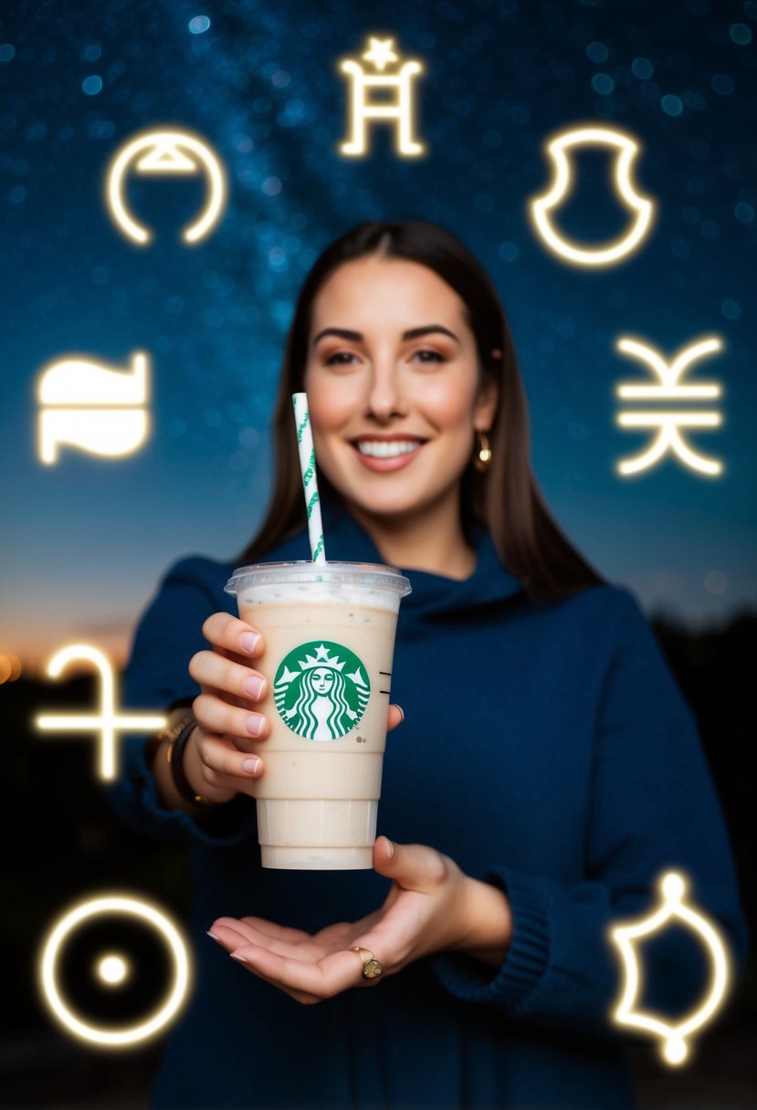 A Virgo holding an iced flat white from Starbucks, surrounded by zodiac symbols and a starry night sky