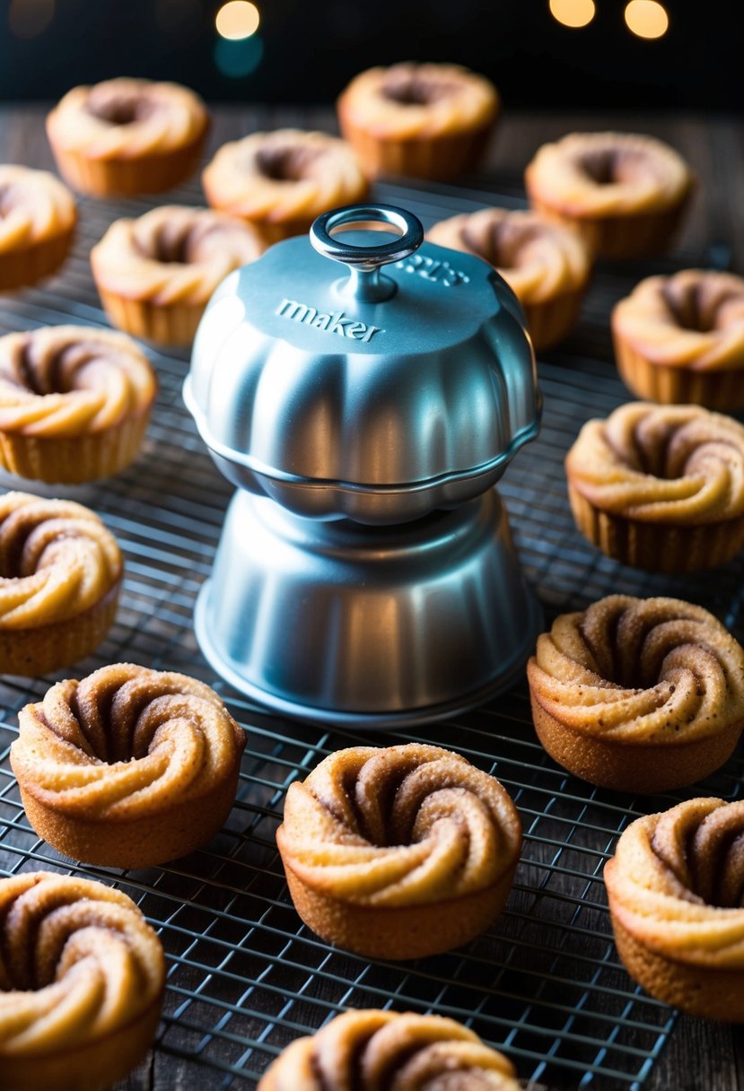 A mini bundt maker surrounded by cinnamon swirl mini bundt cakes cooling on a wire rack