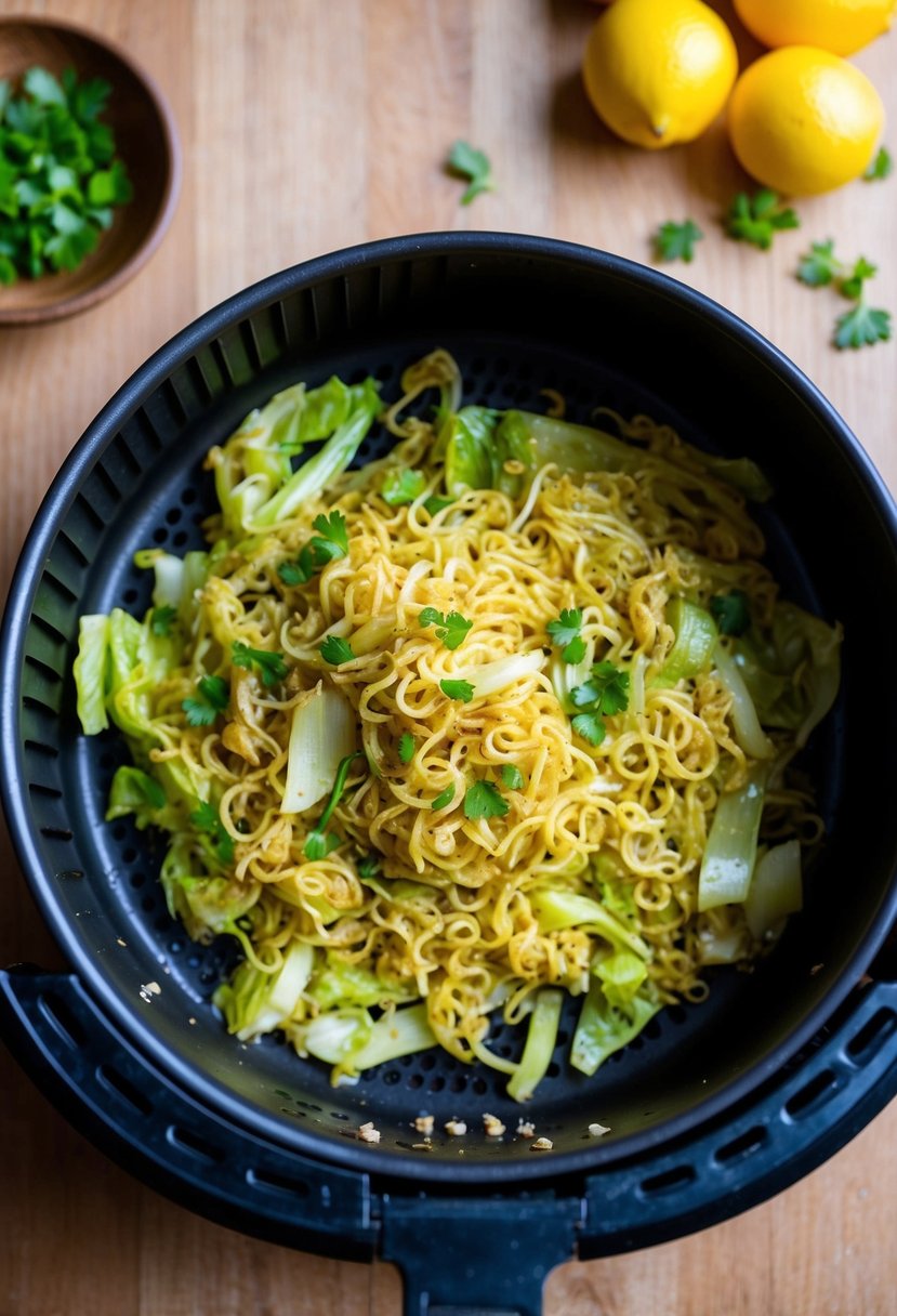 A sizzling pan of stir-fried cabbage noodles cooking in an air fryer