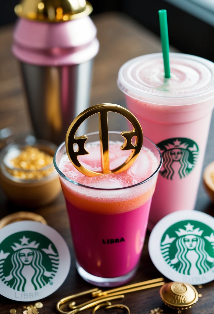 A Libra zodiac symbol surrounded by pink drink Starbucks ingredients