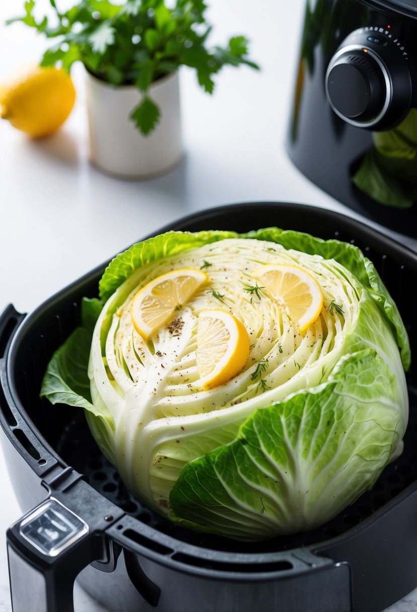 A head of cabbage being seasoned with lemon and herbs, then placed into an air fryer