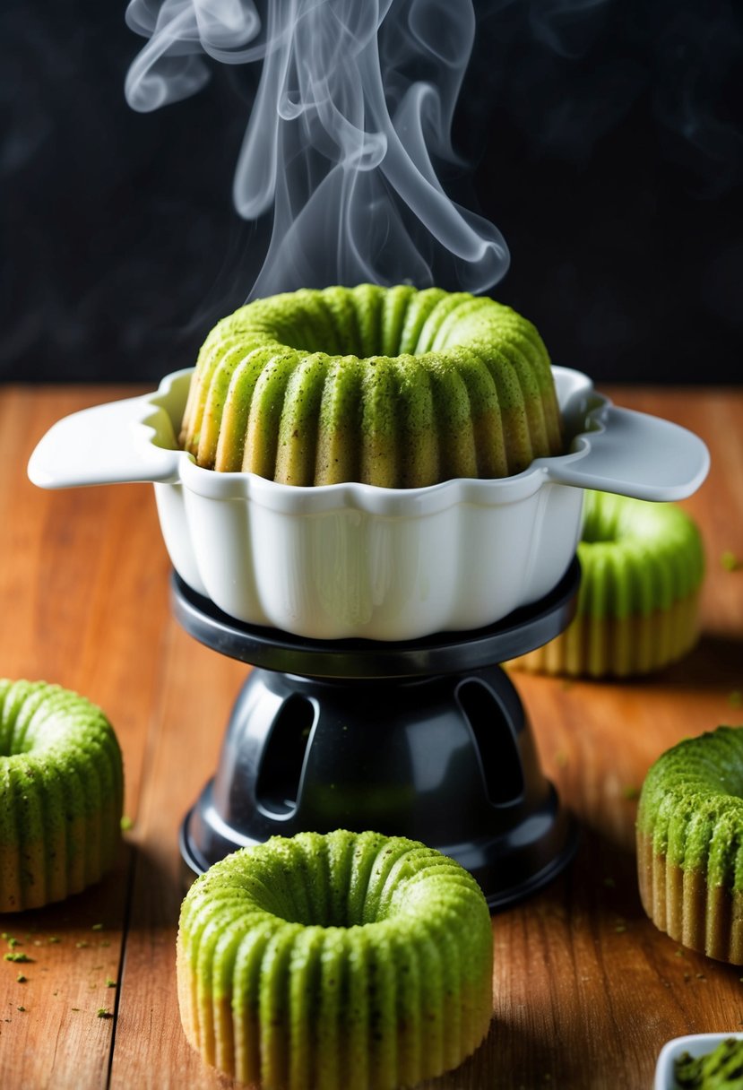 A mini bundt maker filled with matcha green tea batter, steam rising as the cakes bake