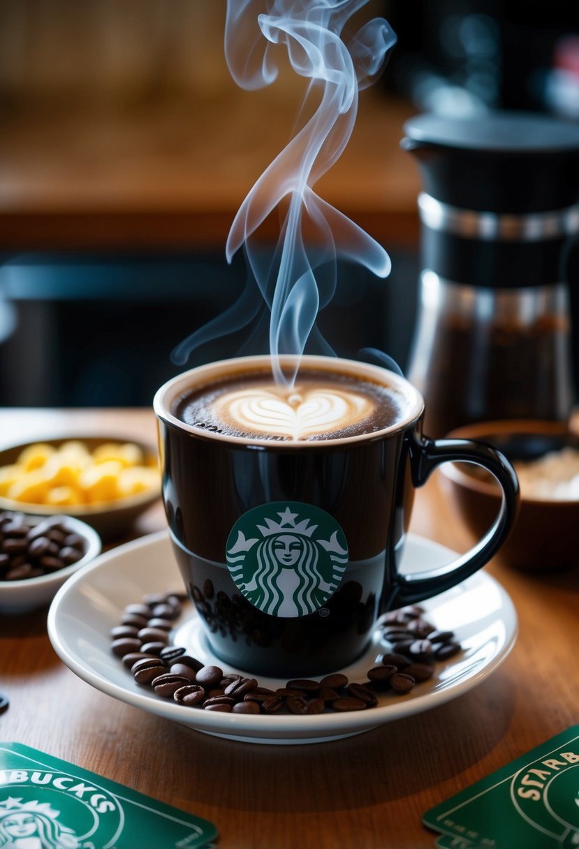 A steaming cup of dark roast brew sits on a table, surrounded by Scorpio zodiac symbols and ingredients for a Starbucks recipe