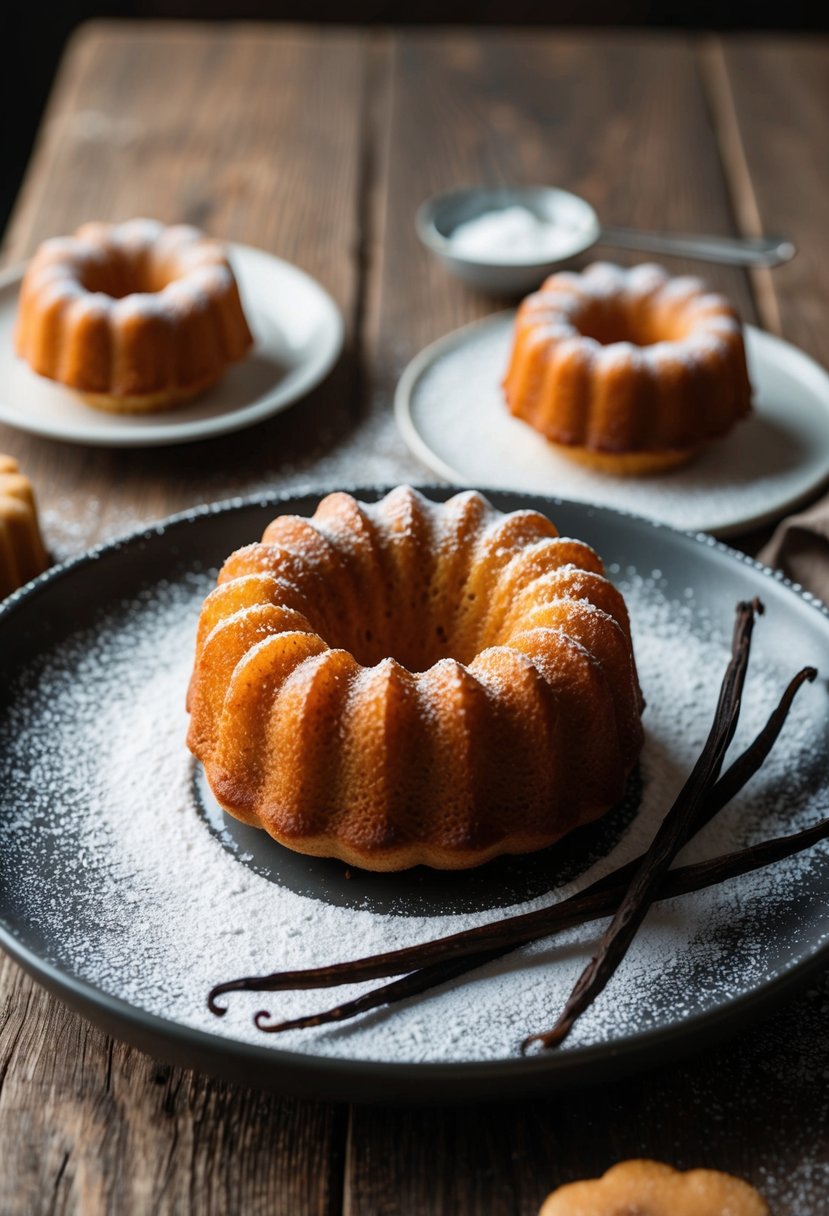 A warm, golden-brown mini bundt cake sits on a rustic wooden table, surrounded by fresh vanilla beans and a dusting of powdered sugar