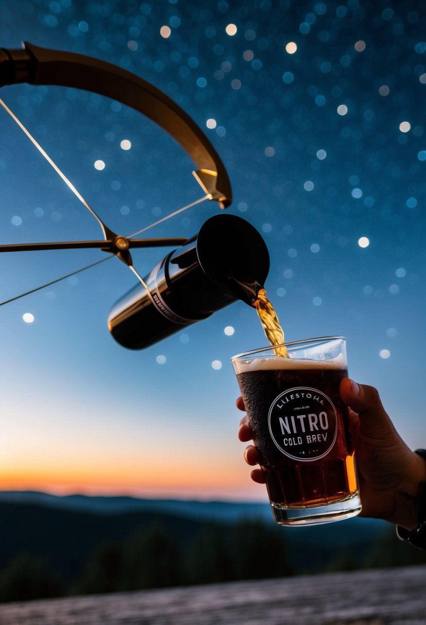 A celestial archer pouring nitro cold brew under a starry sky