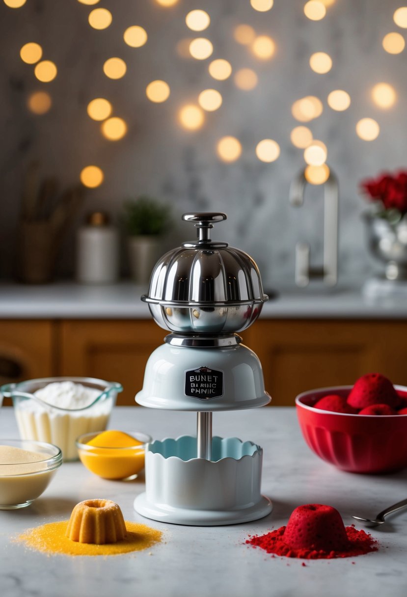 A mini bundt maker surrounded by ingredients for red velvet bundt cakes