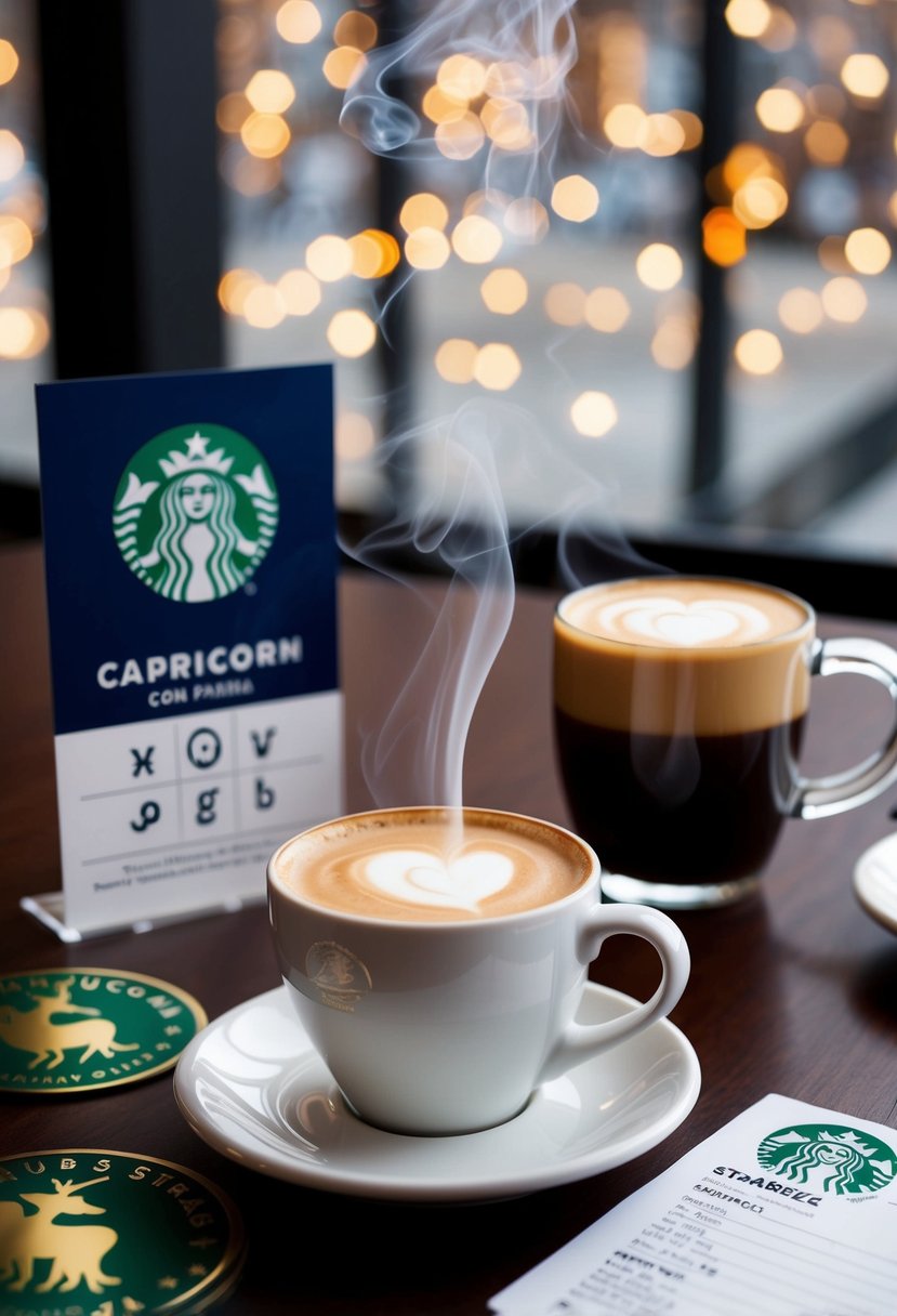 A steaming cup of Espresso Con Panna sits on a table, surrounded by Capricorn zodiac symbols and a Starbucks recipe card