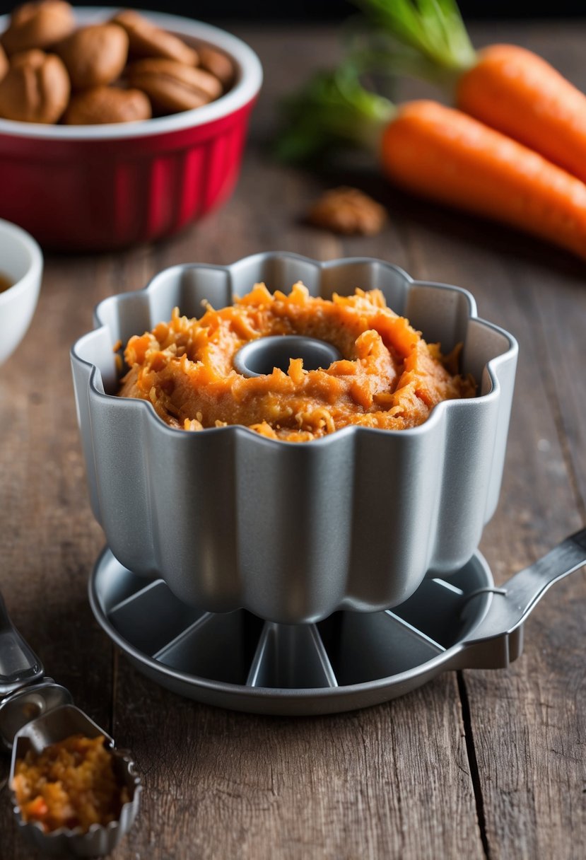 A mini bundt maker filled with carrot cake batter, ready to be baked