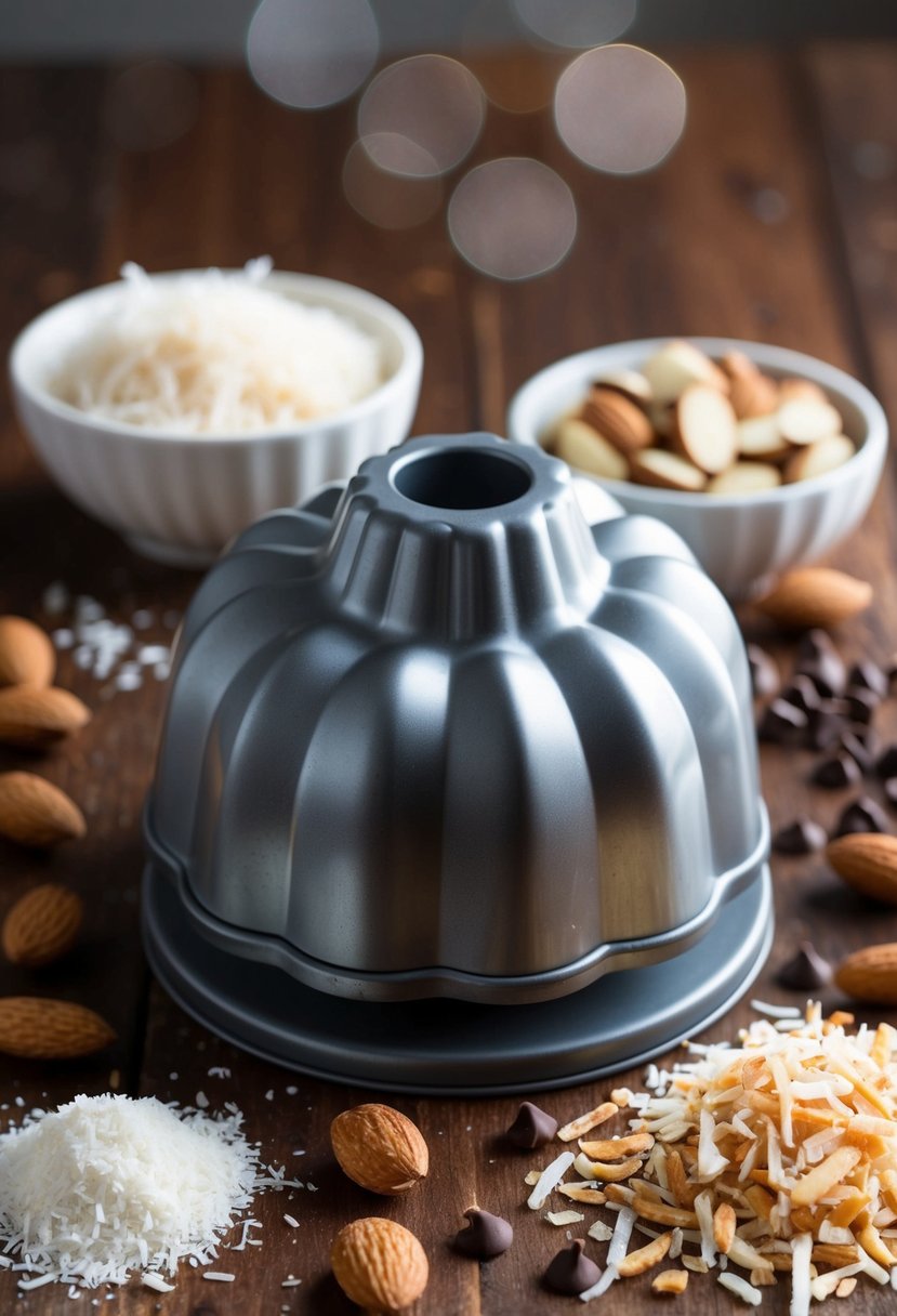 A mini bundt maker surrounded by ingredients, including shredded coconut, almonds, and chocolate chips