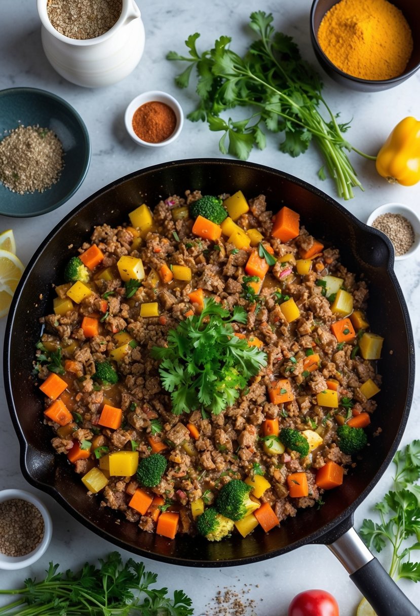 A sizzling skillet filled with colorful vegetables and lean ground beef, surrounded by various herbs and spices