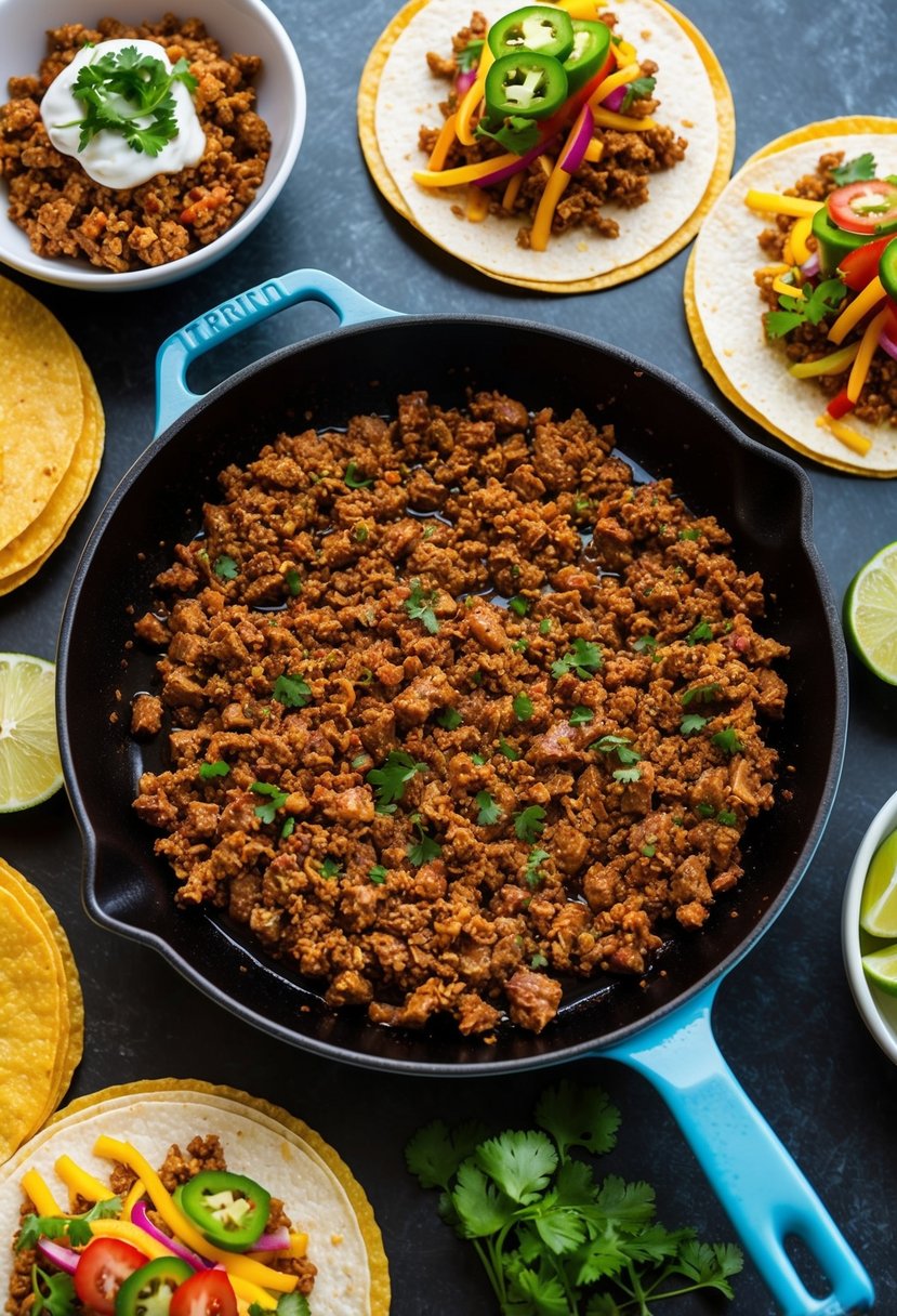 A sizzling skillet of spicy ground beef, surrounded by colorful taco toppings and fresh tortillas