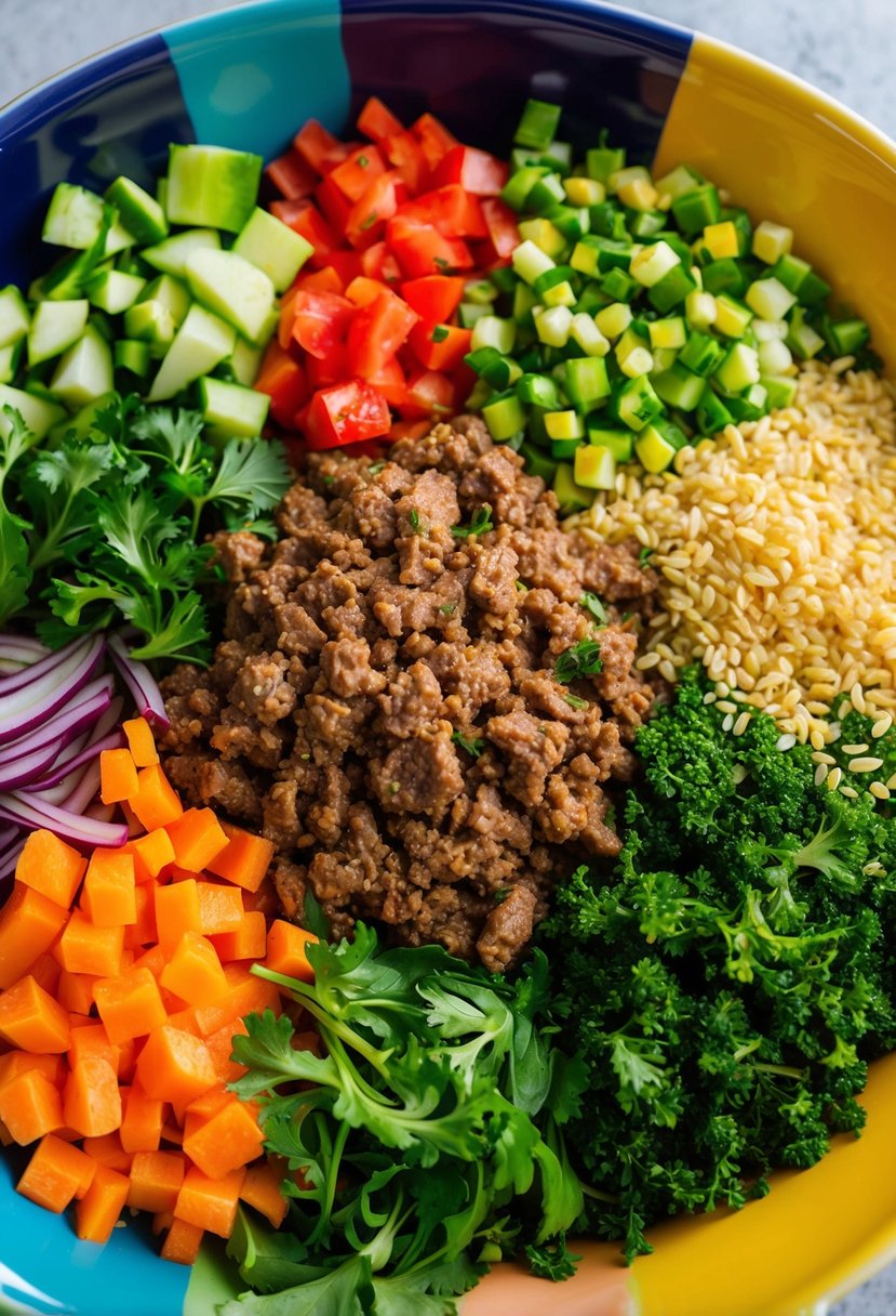 A colorful array of fresh, chopped vegetables, seasoned ground beef, and grains arranged in a vibrant Mediterranean-inspired bowl