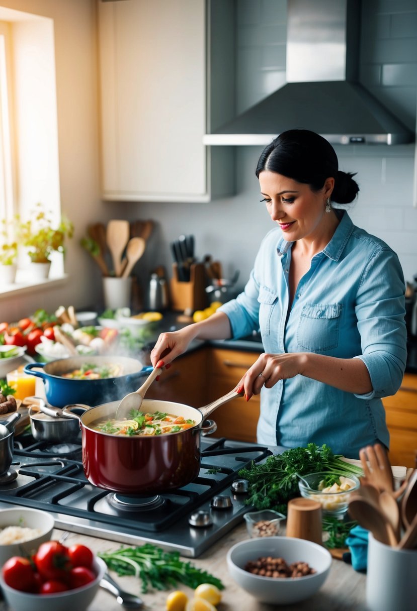 A bustling kitchen with ingredients and utensils scattered about as a pot simmers on the stove, while a busy mom multitasks to prepare a quick and delicious dinner for her family