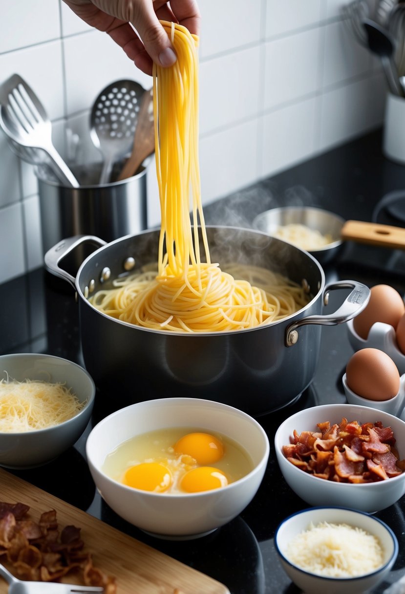 A kitchen counter with a pot of boiling spaghetti, a bowl of beaten eggs, grated cheese, and chopped bacon, surrounded by utensils and ingredients