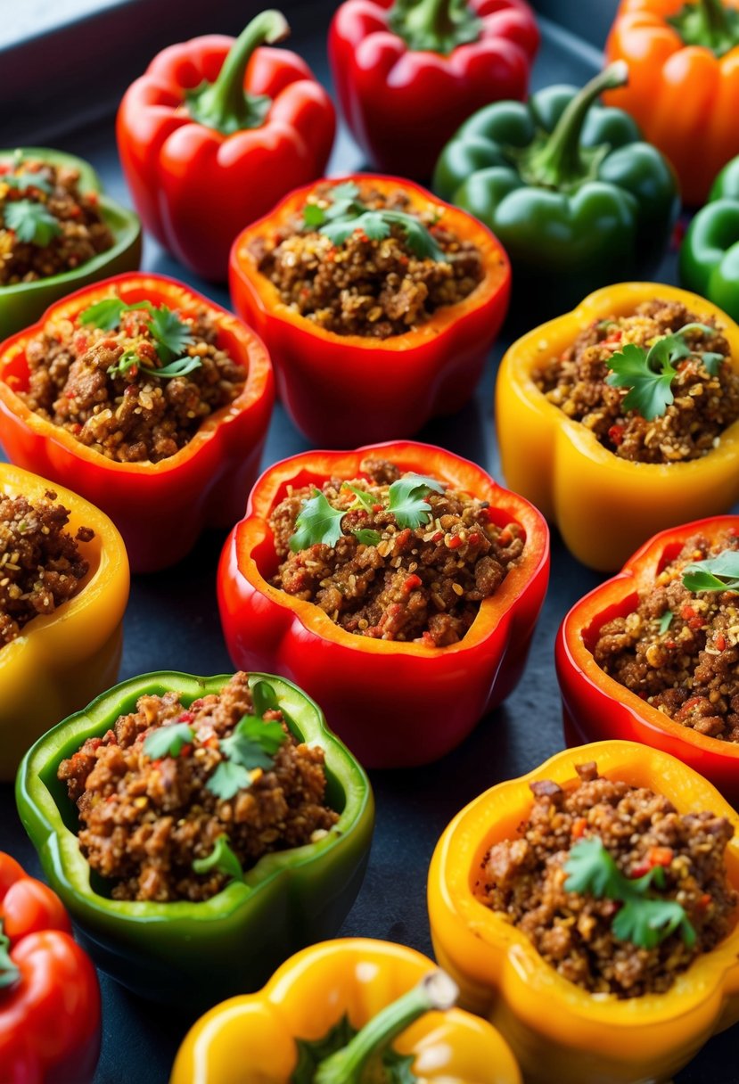 A colorful array of bell peppers filled with a savory mixture of ground beef and quinoa, ready to be baked to perfection