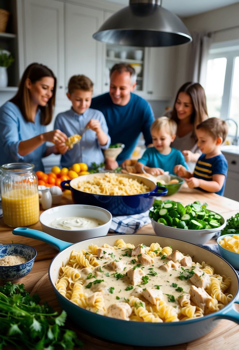 A busy kitchen with ingredients laid out, a baking dish filled with creamy chicken Alfredo pasta, and a family gathering around the table