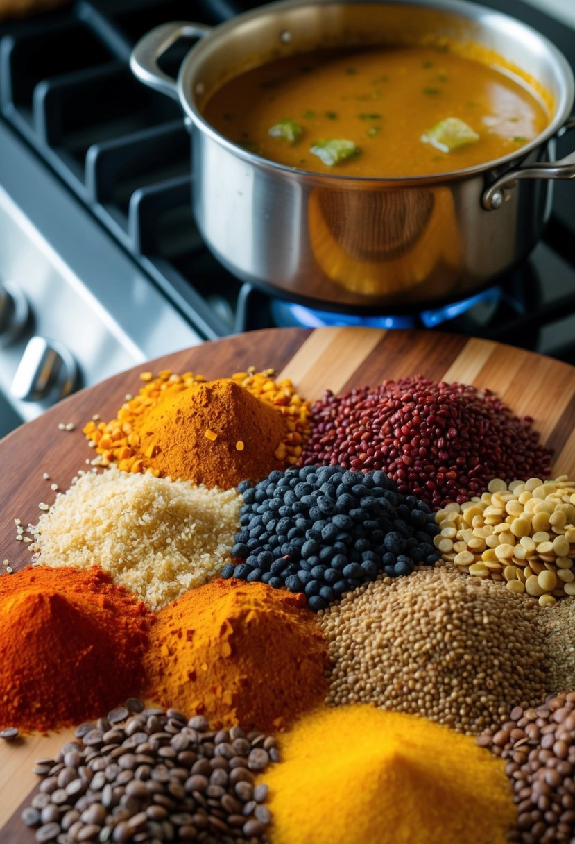 A colorful array of quinoa, lentils, and spices arranged on a wooden cutting board. A pot of simmering curry bubbles on the stove in the background